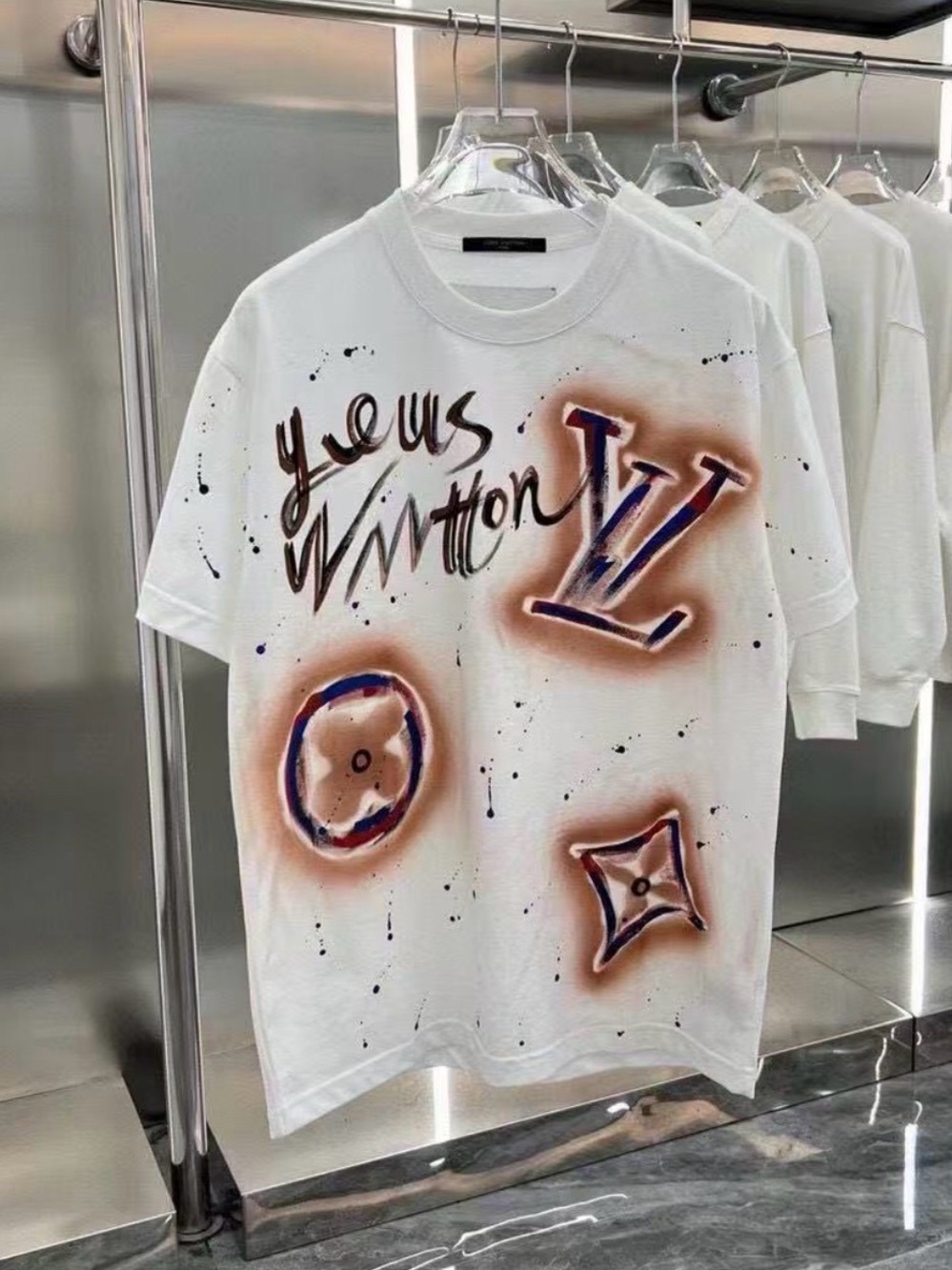 Louis Vuitton White Tee with Brown and Blue Graphic Accents